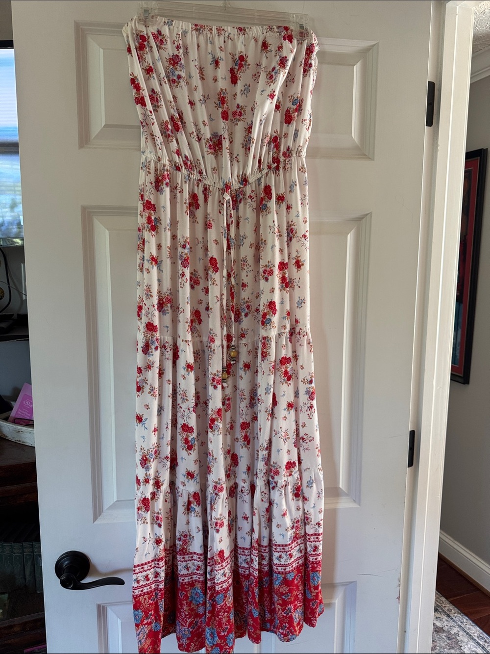 BeBop White Strapless Floral Maxi Dress with Red Border Hem